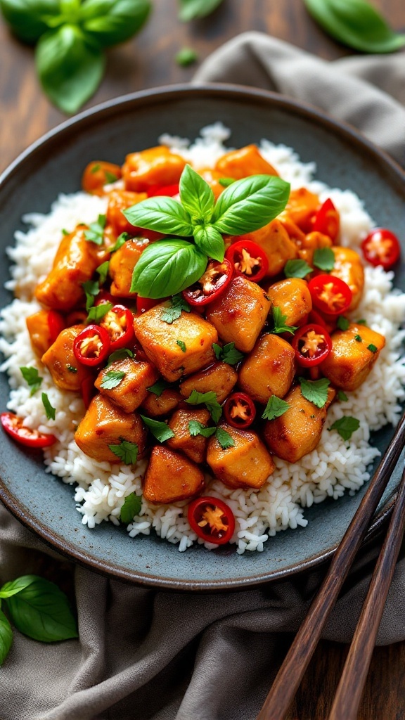 Spicy chicken stir-fry with basil served over rice, garnished with chilies and basil on a wooden table.